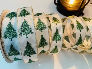 1.5” Glittery Green Christmas Trees Wired Ribbon 3 Yards