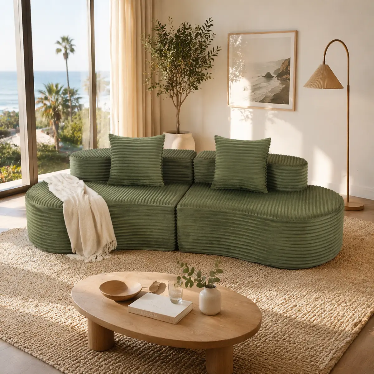 Fahuac 110.24in Green Corduroy Cloud Sponge Comfy Couch, Fully Compressed 2-Seater Loveseat with Lumbar Pillows, No-Assembly Deep-Seat Modern Small Space Indoor Furniture for Living Room
