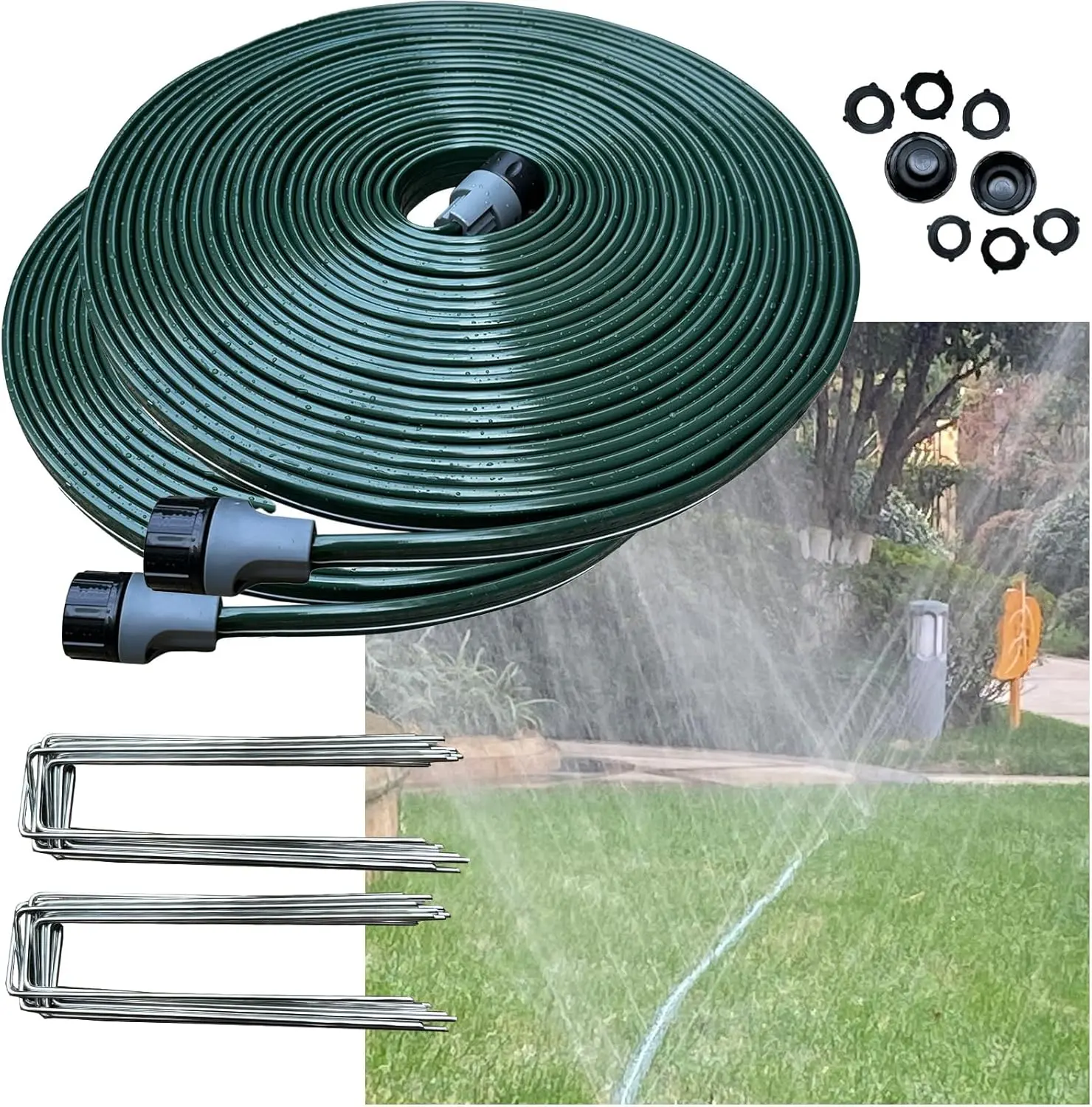 2025 Sprinkler Hose & Soaker Hose for Yard - 100 FT Reinforced Flat Garden Hose with Holes, Heavy Duty No-Kink Lawn Irrigation Hose (Includes Stakes, High  Spray)