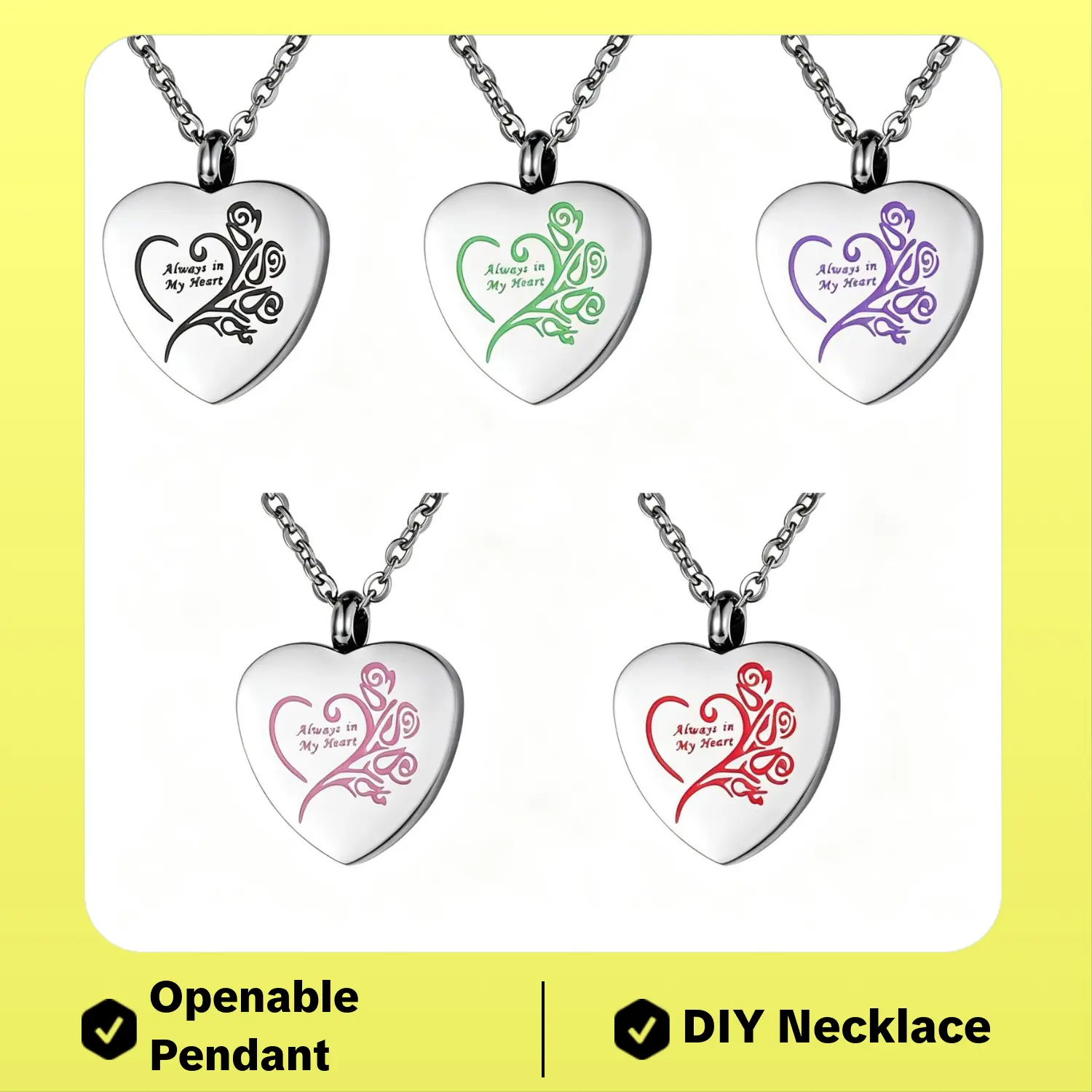 Always in My Heart Cremation Jewelry Keepsake Memorial Ash Urn Holder Necklace, Ash Holder, Engraved Text