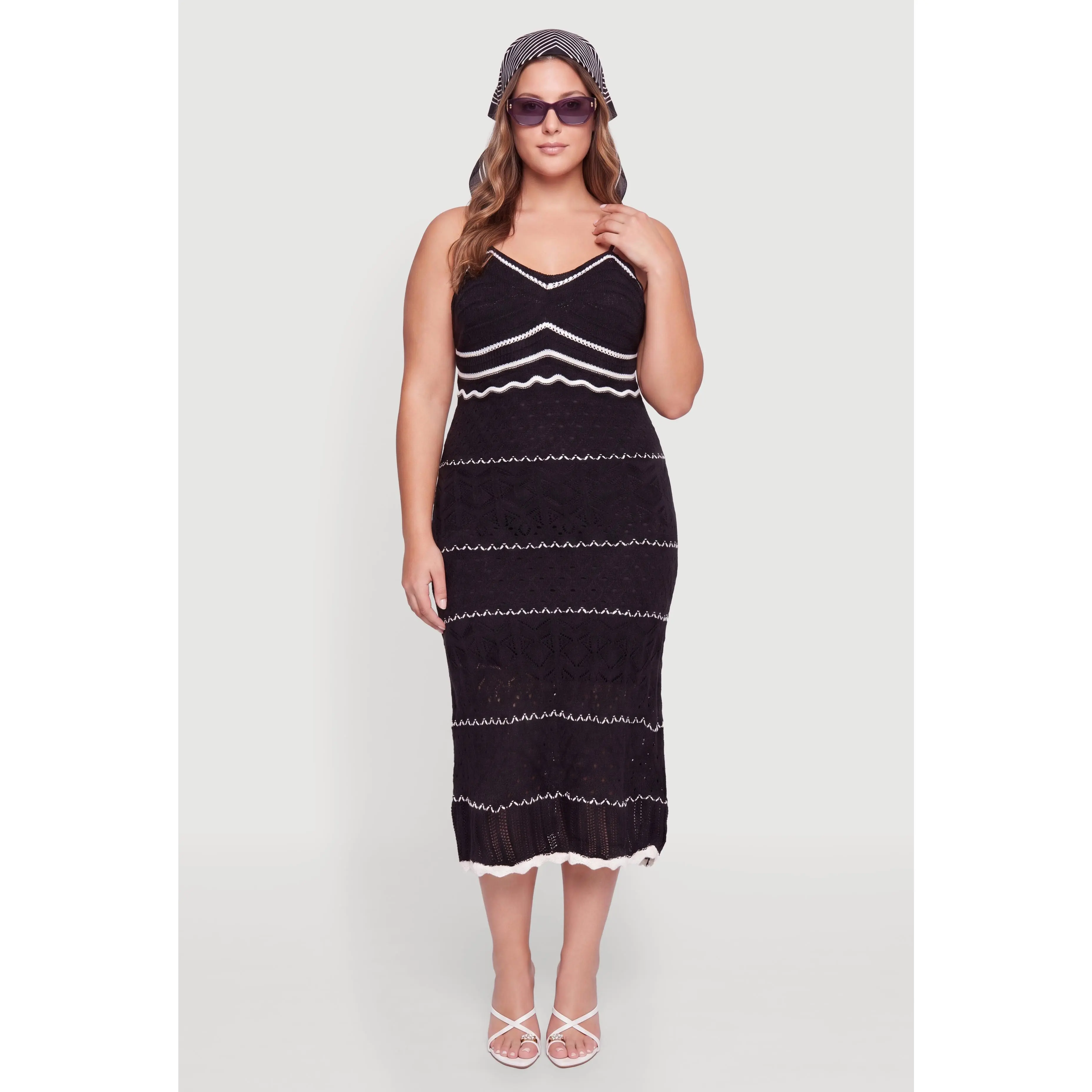 Plus Size Contrast Trim Pointelle Knit Midi Dress