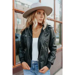 Hooded Sweatshirt Vegan Leather Black Jacket Fit Womenswear