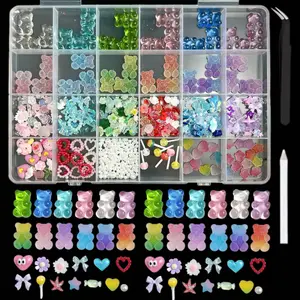 1Box Jelly-Like Transparent Gummy Bear Nail Charms 3D Colorful Bow Flower Simulated Matte Heart Decorations DIY Hairpin Nails Supplies