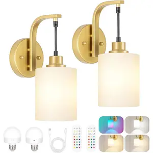 2 Packs Wireless Rechargeable Wall Sconce, Battery Operated Wall Lights, 2 Milky Glass Wall Lamps with Remote and Dimmable Bulbs, Indoor Sconces Wall Decor for Bedroom Living Room