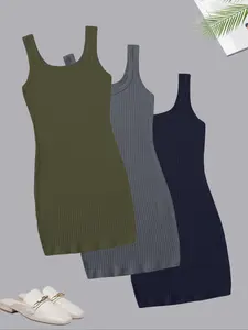 Women's Casual Square Neck Sleeveless Dress Set, Three-Piece Plain Design, Perfect for Daily Wear & Leisure, Stylish Comfortable Clothing