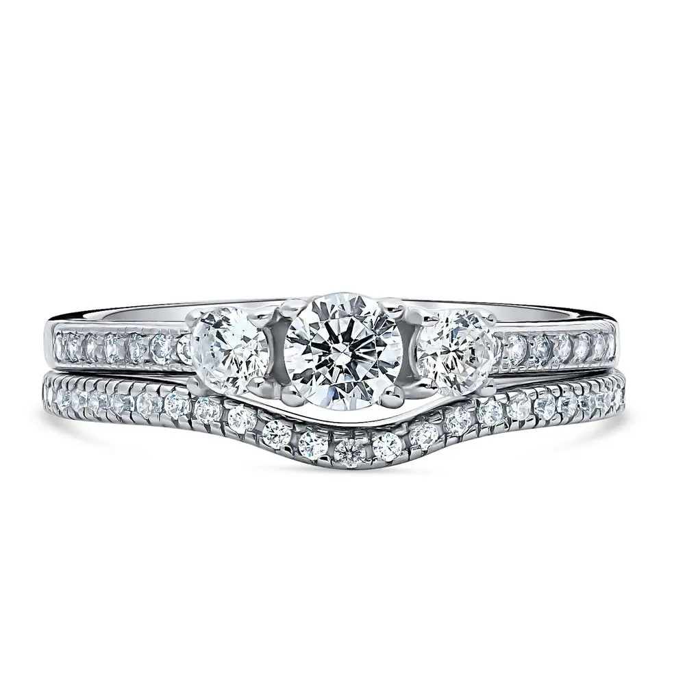 BERRICLE Sterling Silver 3-Stone Wishbone Engagement Rings Stackable Band for Women, 0.25 Carat Round Cut Cubic Zirconia CZ Ring Set