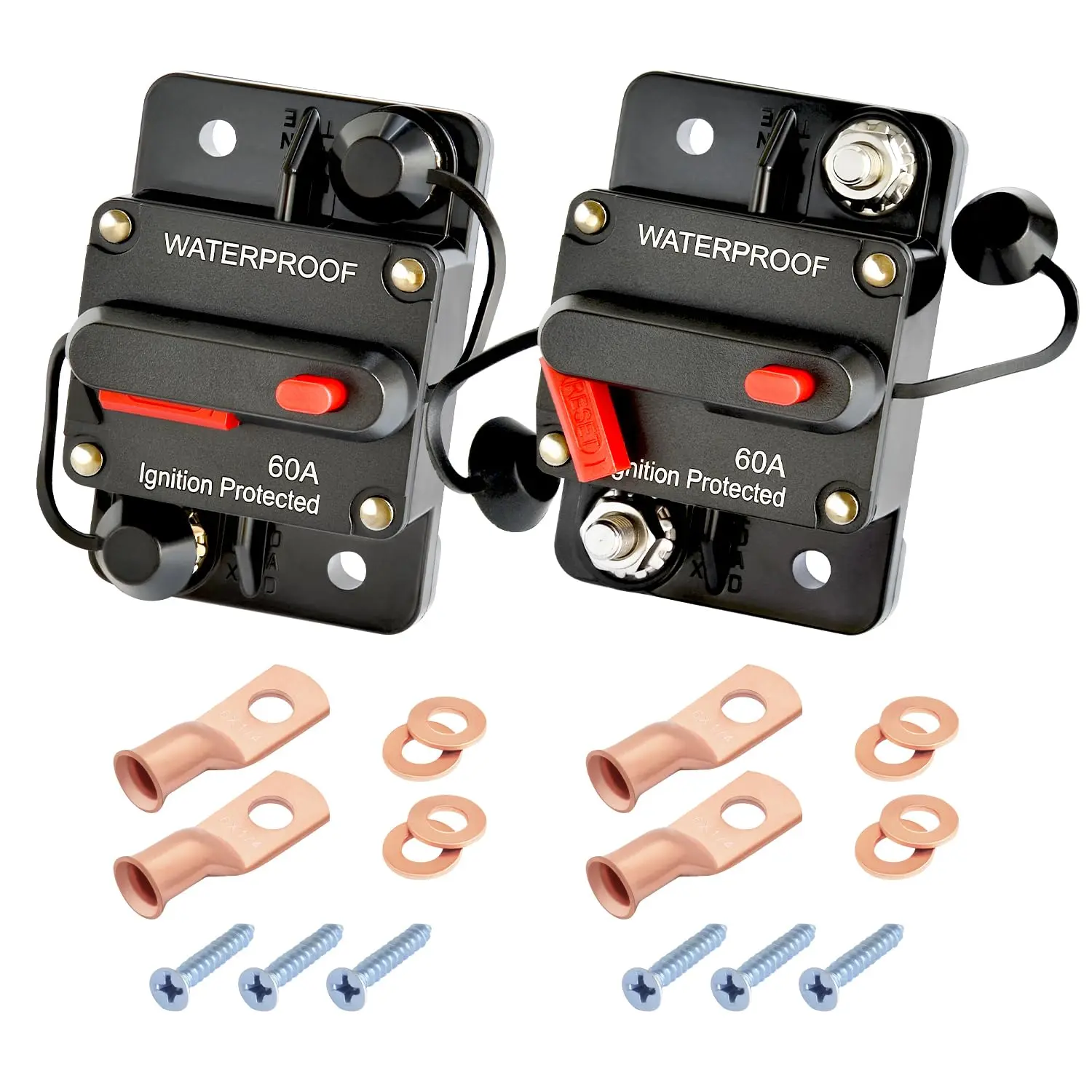 60A DC 12V-48V Circuit Breaker with Manual Reset Switch, IP67 Waterproof, for Boat Marine Trolling Motor & Solar System Battery Disconnect, Pack of 2 (Automotive RV Trailer Compatible)