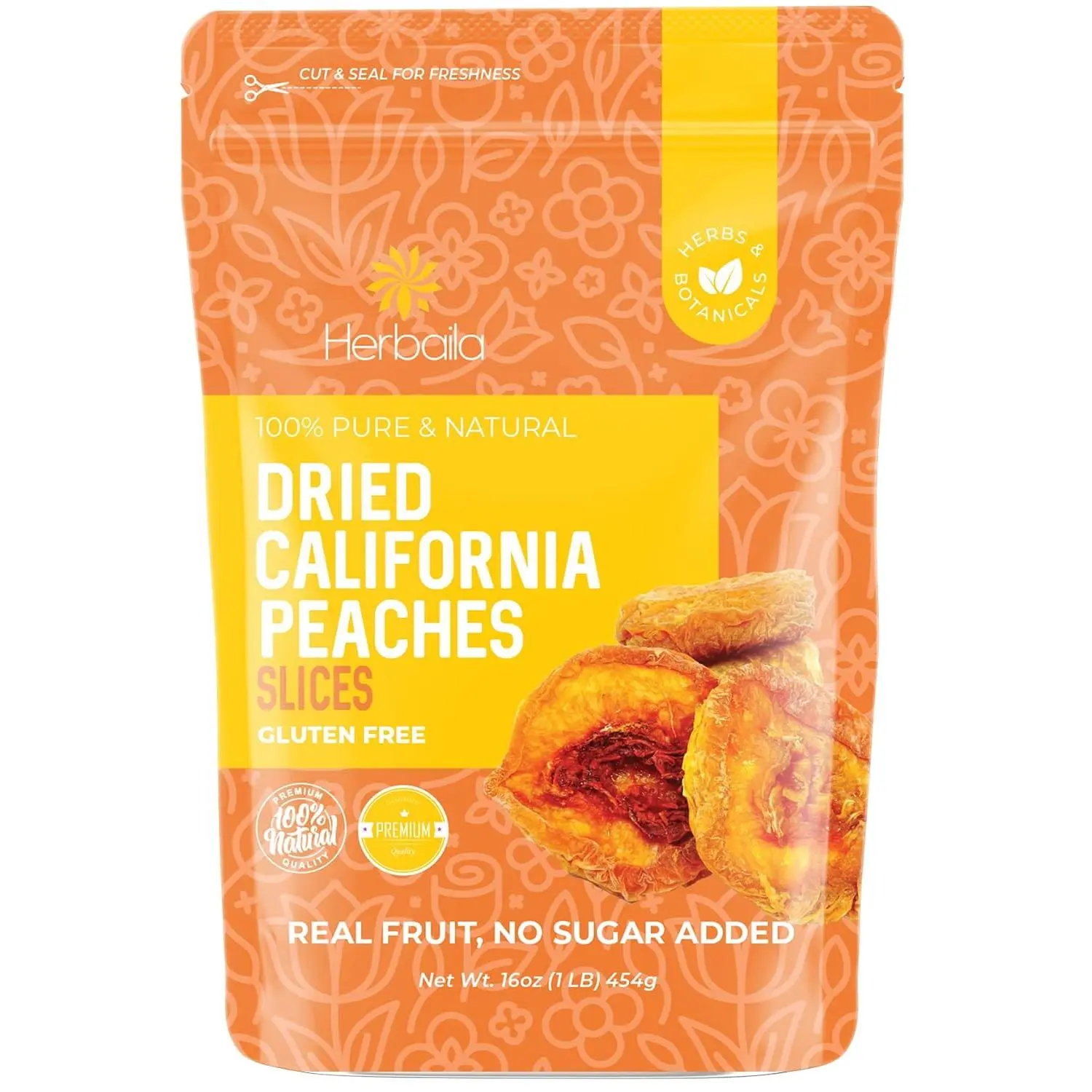 Herbaila Dried Peaches No Sugar Added, 1 Pound. Dehydrated Peaches Fresh and Unsweetened, Extra Fancy California Grown Dried Peaches, All Natural, Non-GMO. 16 Ounces.