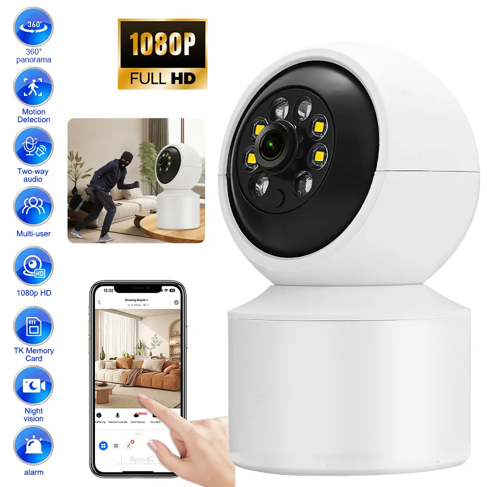 Smart Indoor PTZ Security Camera, 1080P HD WiFi Camera with 360° Panorama View, Night Vision, Two-Way Talk, Remote Phone View, AI Motion Alert, Home Surveillance	，1080P  WiFi ， 360 、 minisecurity