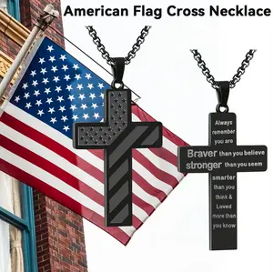 Cross Necklace with Bible Verse & American Flag Pent-Stainless Steel Men's Jewelry Gift | Faith-Inspired, Bold & Patriotic Chain for Him			