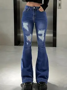 Women's Flare Leg Jeans With Hole Design, Casual Y2K Style Denim Pants For Daily Wear, Ladies Bottoms For All Seasons,TChic Pocket