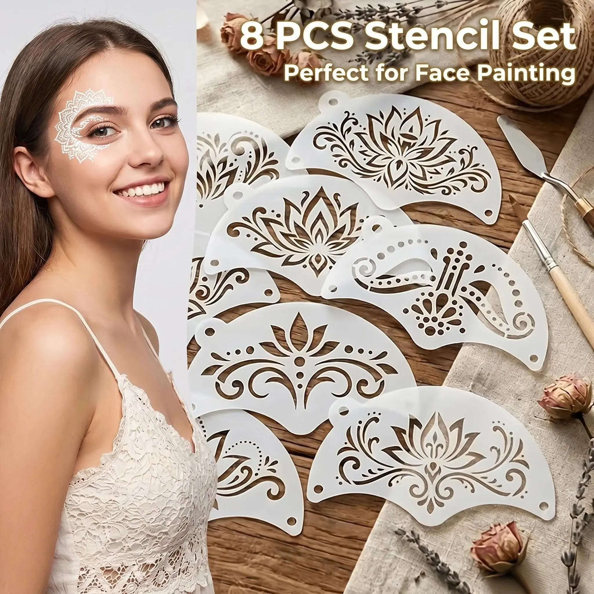 8-Piece Mandala Floral Face Painting Templates, Reusable Lotus Pattern Stencils, DIY Art Craft Cutouts, Versatile Use, for Face Paint, Canvas, Glass, Furniture Decor