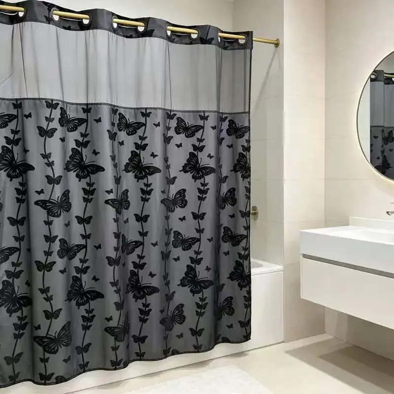 YRZTRK Blue Flocked Butterfly No Hook Double-Layer Butterfly Flocked Shower Curtain,Mesh Top Window，Mesh Top Window, Hook-Free Design, Easy Installation, Farmhouse, Hotel, Modern Home Decoration, 72x75in