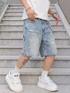 Men's Heavyweight Cotton 5-Inch Inseam Denim Shorts - Baggy Oversized, Vintage Dirty Wash, Frayed Loose Straight Leg, Casual Cargo Jorts with Detachable Chain, Hem, Classic Pockets, Utility Design, Clothes for Summer Streetwear summerwins