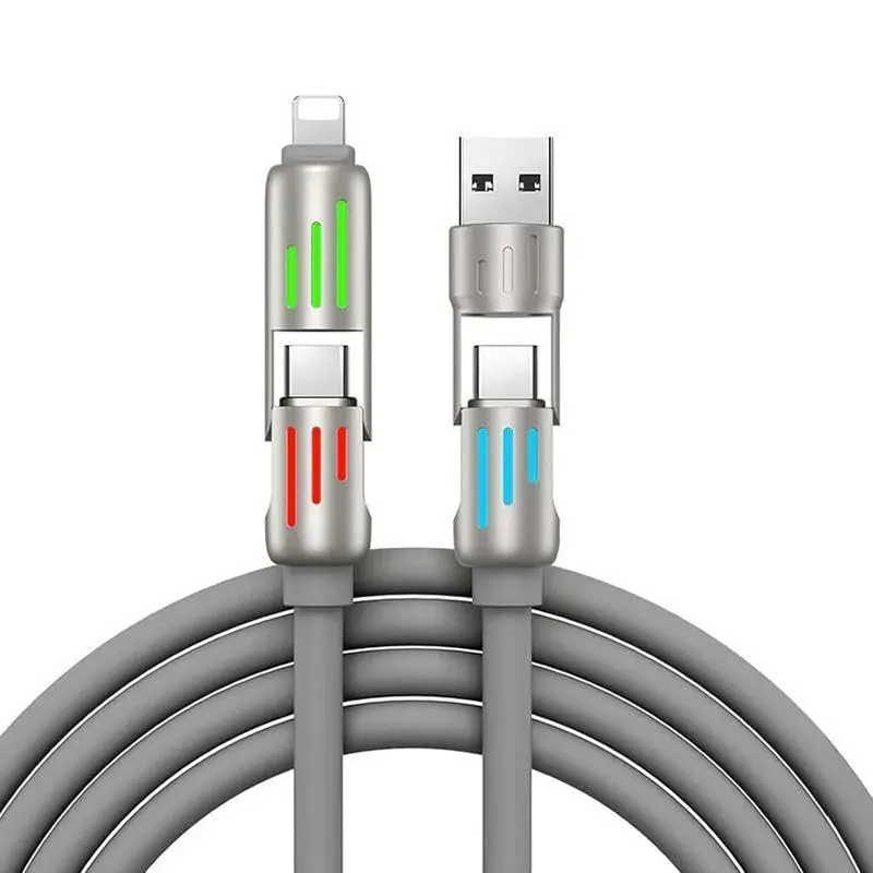 240W 4-in-1 Fast Charging Cable 5ft – USB C to USB A/L Cable with LED Indicator, Triple Connector for iPhone 15/14/13, Android, MacBook – Durable Nylon Braided (Grey)