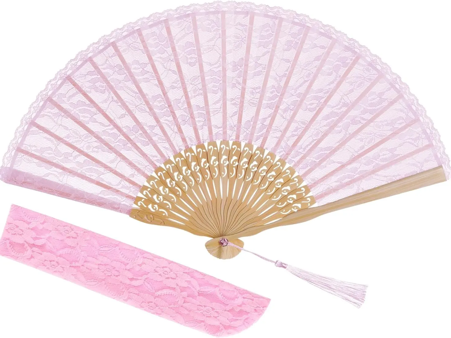 Lace Handheld Chinese Folding Fan Bamboo Silk Folding Fan for Women Wedding Decoration Dancing Party,Pink