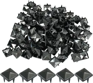 100 count 12mm Metal Punk Spikes Spots, Metallic Black Pyramid Studs Four-Jaw Square Rivets for Leather, Clothing, Bag