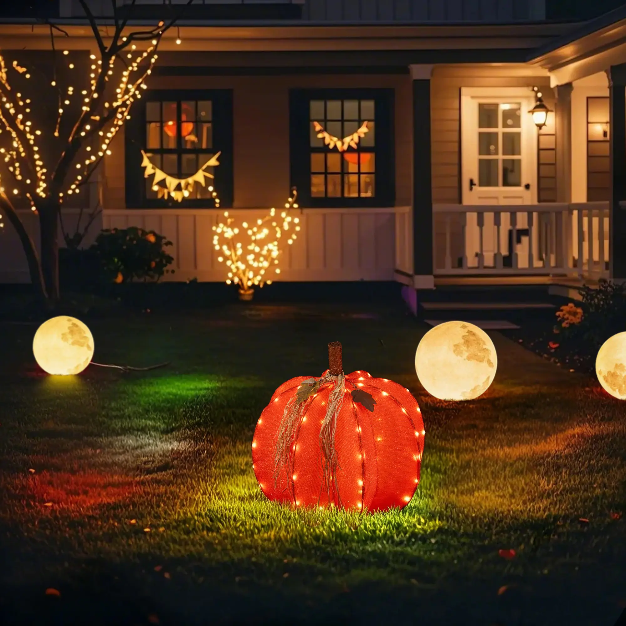 Glitzhome 25"H 3D Popup Mesh Fall Pumpkin Outdoor Holiday Decor, 80 Golden Hued LED Lights, Foldable, with Timer (KD), 3D Popup Outdoor Holiday Decor, Auto Timers