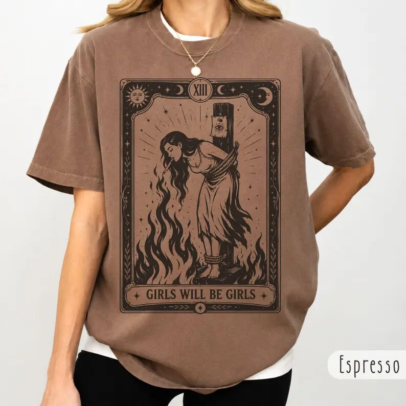 Comfort Colors Girls Will Be Girls Witch With Sigarete TShirt, Burn Witches Women’s Rights Tshirt, Cigarette Lover Feminist Halloween T-Shirt