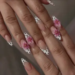 G Nails B06 Handmade Press On Nails (10pcs, Single Item) - Polka Dot, 3D Plumeria Floral, Nude White French Tips - Summer, Vacation Beach Nails