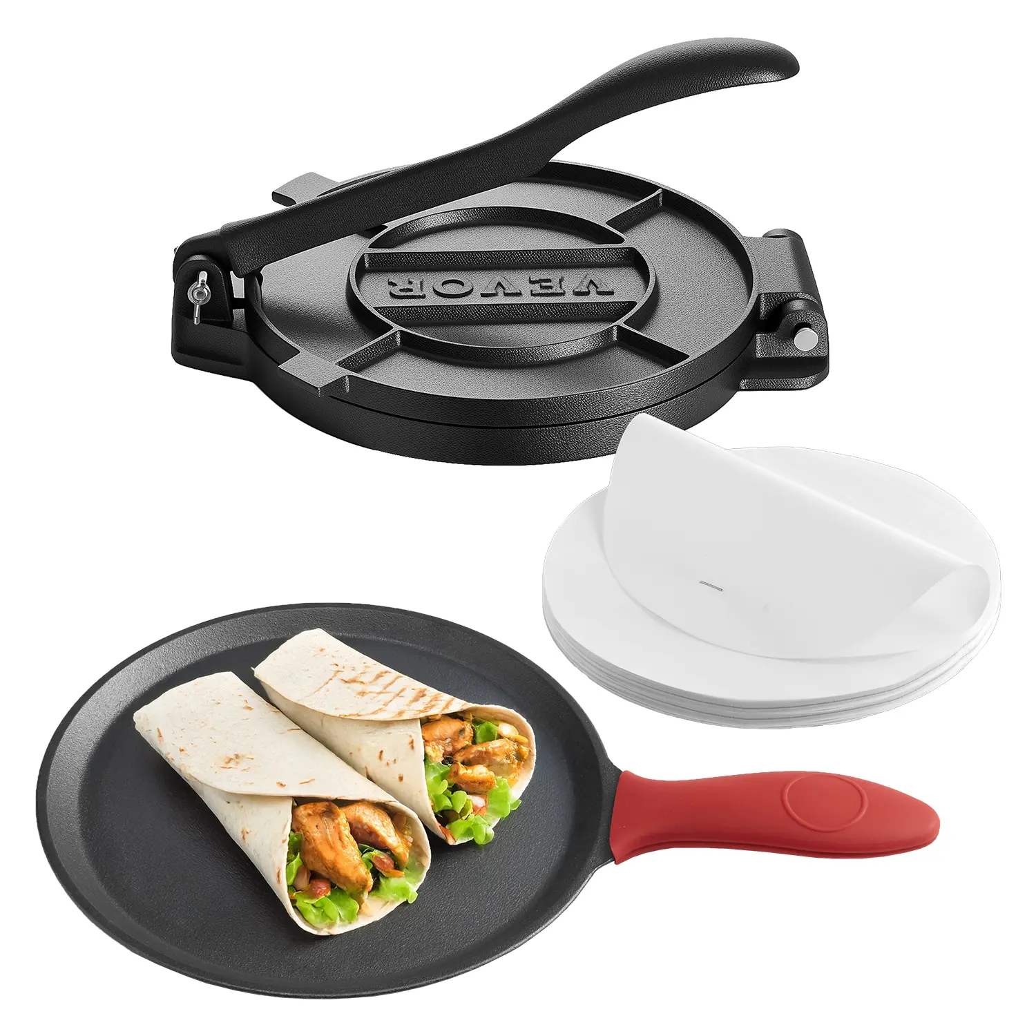 VEVOR Tortilla Press,  10 Inch Cast Iron Tortilla and Roti Maker, Heavy Duty Tortilladora Press, Pataconera Makers with Handle and 100 Pcs Parchment Paper, Dough Taco Press for Flour Tortilla, Tawa