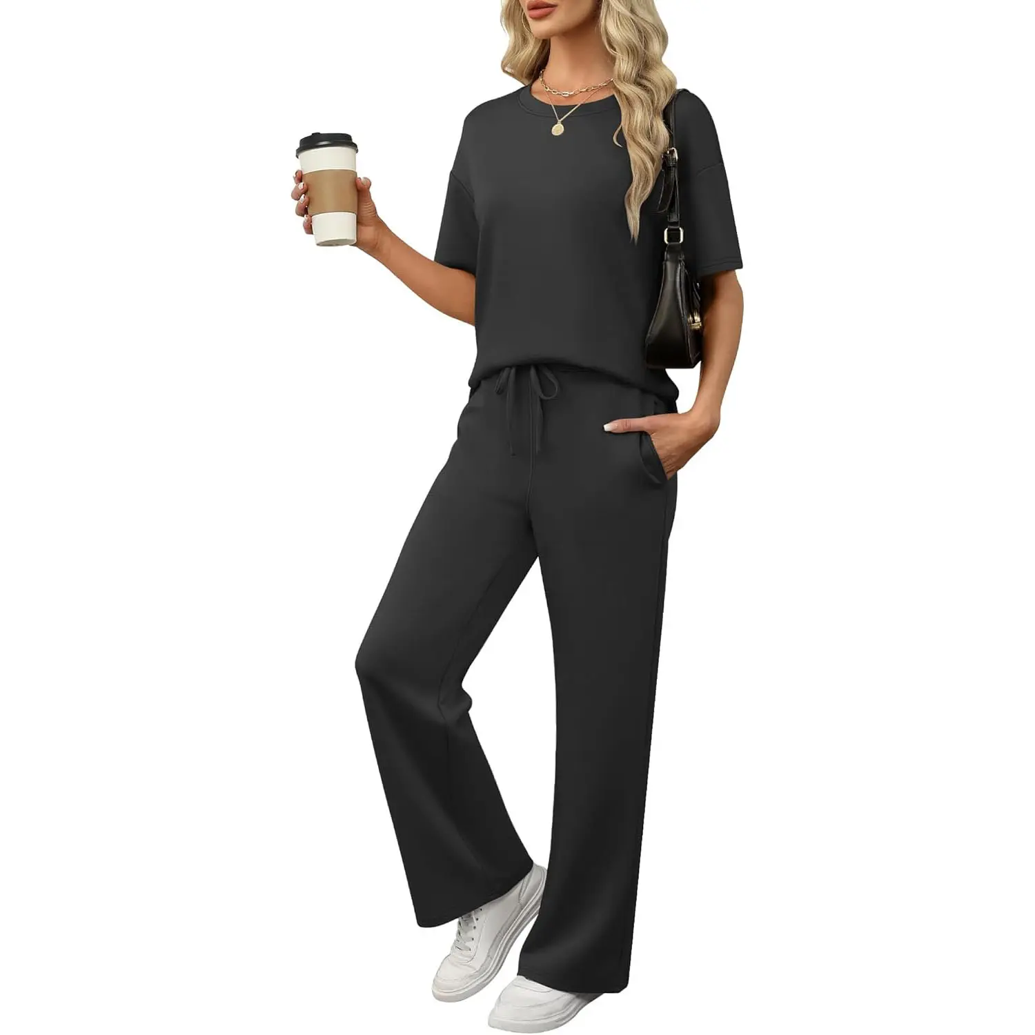 ANRABESS 2 Piece Sets for Women Summer Lounge Sets Wide Leg Pants Casual Matching Sweat Set Sweatsuits Vacation Travel Outfit  Comfort Tracksuits Crewneck Medium