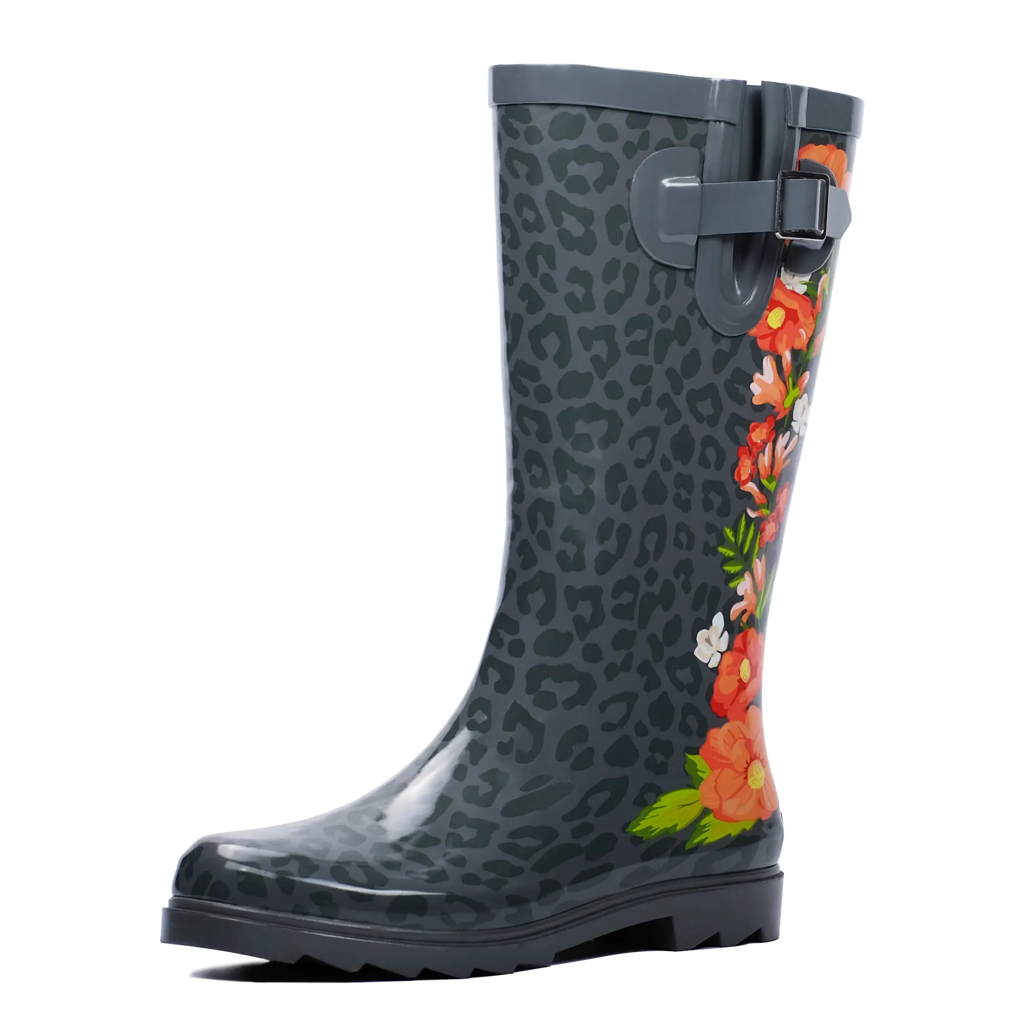 Landchief Women's Leopard Floral Rain Boots Waterproof Tall Knee High Rubber Comfort Anti-Slip Mid Heel Garden Shoes Outdoor