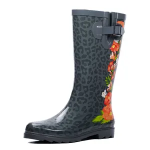 Landchief Women's Leopard Floral Rain Boots Waterproof Tall Knee High Rubber Comfort Anti-Slip Mid Heel Garden Shoes Outdoor