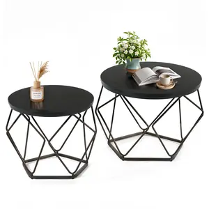 Modern Geometric Coffee Table Set of 2, Round Nesting Side Tables with Hidden Storage, Movable End Tables for Living Room Decor & Practical Use