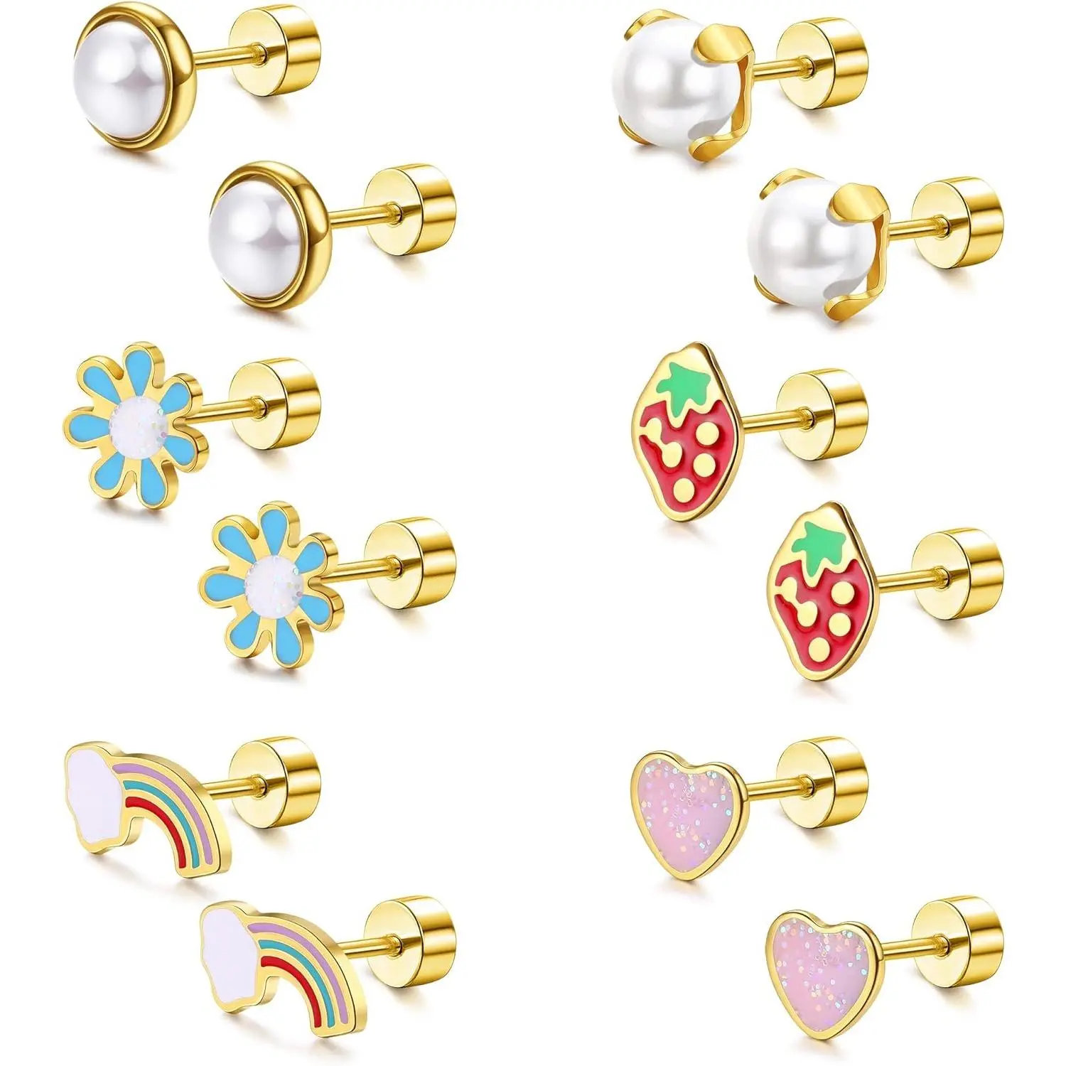 YADOCA 6Pairs Stainless Steel Stud Earrings 18G Flat Back Stud Earrings for Women Tiny Cartilage Earrings Heart Flower Strawberry Rainbow Simulated-Pearls Hypoallergenic Flatback Earrings Piercing Jewelry