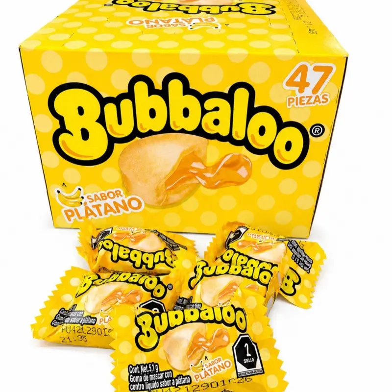Bubbaloo Platano Chewing Bubble Gum with Liquid-Filled Center, 47-Piece Box of Authentic Mexican Candy Bonbons Mexican  Snack Sweet