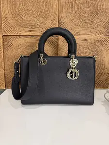 Pre-owned Dior D Sire Black Grained Leather Top Handle Bag with Silver Tone CD Charm