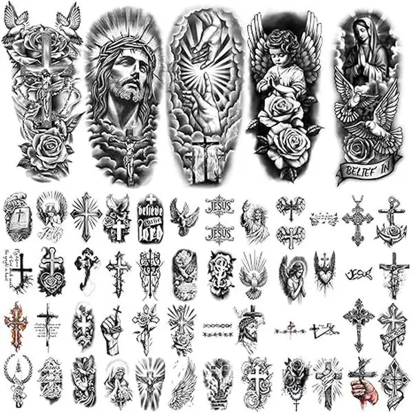 77 Sheets Christian Cross Temporary Tattoo for Women Men, 17 Sheets Half Arm Large Religious Jesus God Fake Tattoos, 60 Sheets Angels Black Christ Tiny for Adult Kids Body Tattoos Stickers Realistic