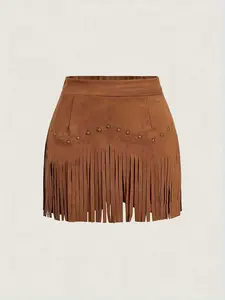 Women's Summer Vintage Rivet Fringe Soft Suede A-Line Skirt, High Waist Slim-Fitting Casual Elegant Streetwear Chic Boho Style, Versatile Solid Color Design, Bottom
