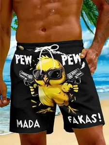 Men's Cartoon Chicken Pattern Beach Shorts, Casual Summer Sportswear, Trendy All over Print Swim Trunks, Fitted Short Pants, Swimwear Shorts