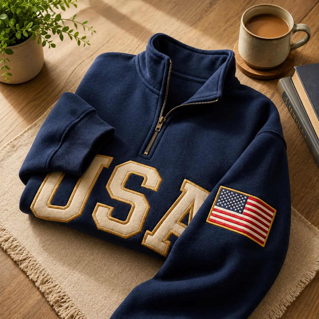 Embroidered USA Flag Quarter Zip Sweatshirt, Semiquincentennial Gift