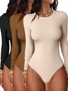 Women's Fall Winter Elegant Comfortable Round Neck Ribbed Long Sleeve Slim Bodysuit Set, 3 Piece Tight Fit One-Piece Top, Body Sculpting Garment