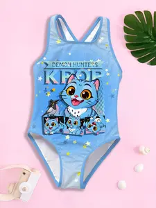 Girls' one-piece swimsuit "Cute Cat Kpop Sweet and Cool Style" in light blue with shining stars + cartoon cat prints, featuring a crisscross back design, is cute and eye-catching, fully enhancing the summer swimming pool vibe ✨