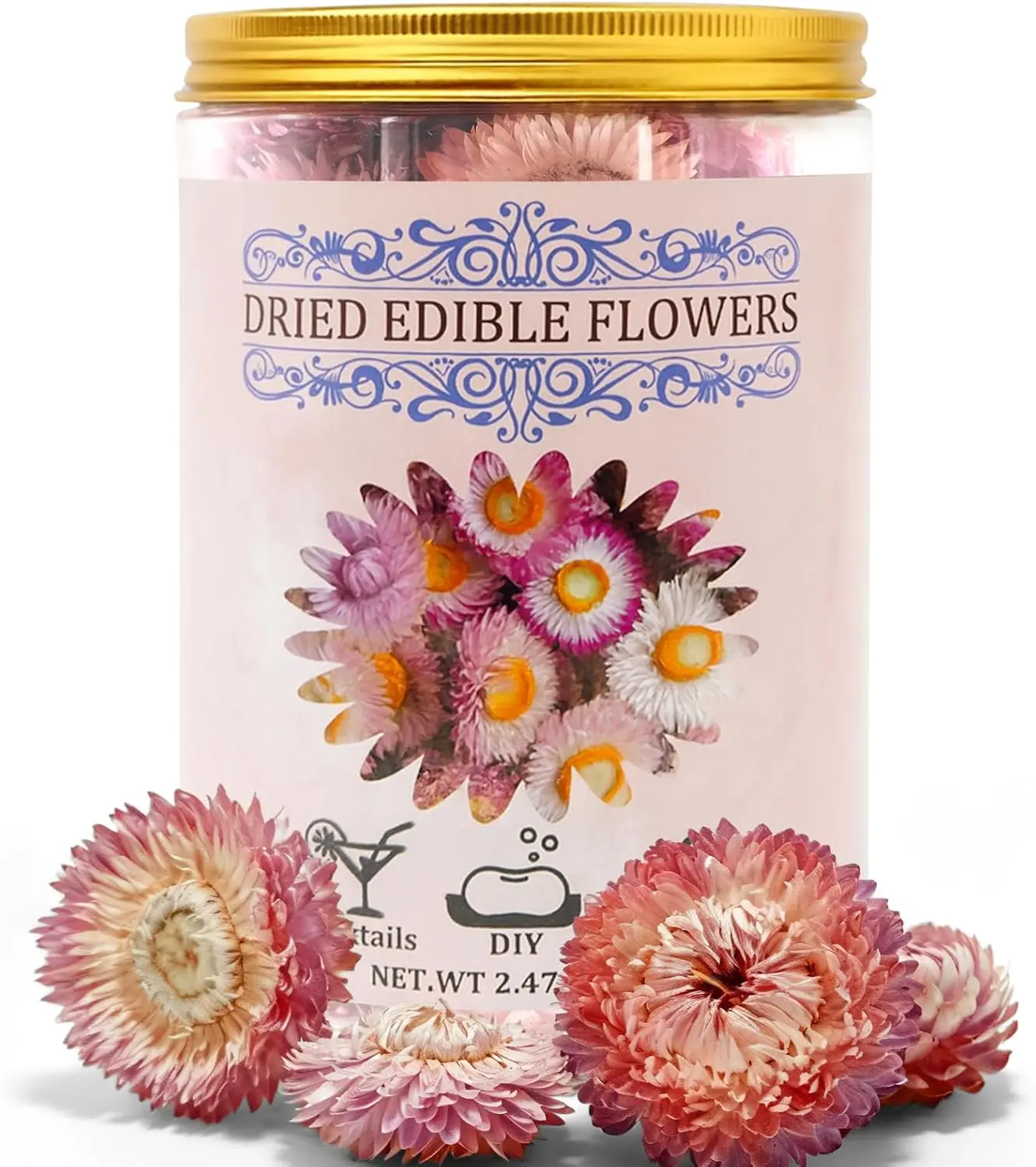 90+ Food Grade Pink Flowers for Cake and Cocktails Decorating – Culinary-Grade Dried Pink & White Strawflowers for Garnish, Baking, and Drink Toppers