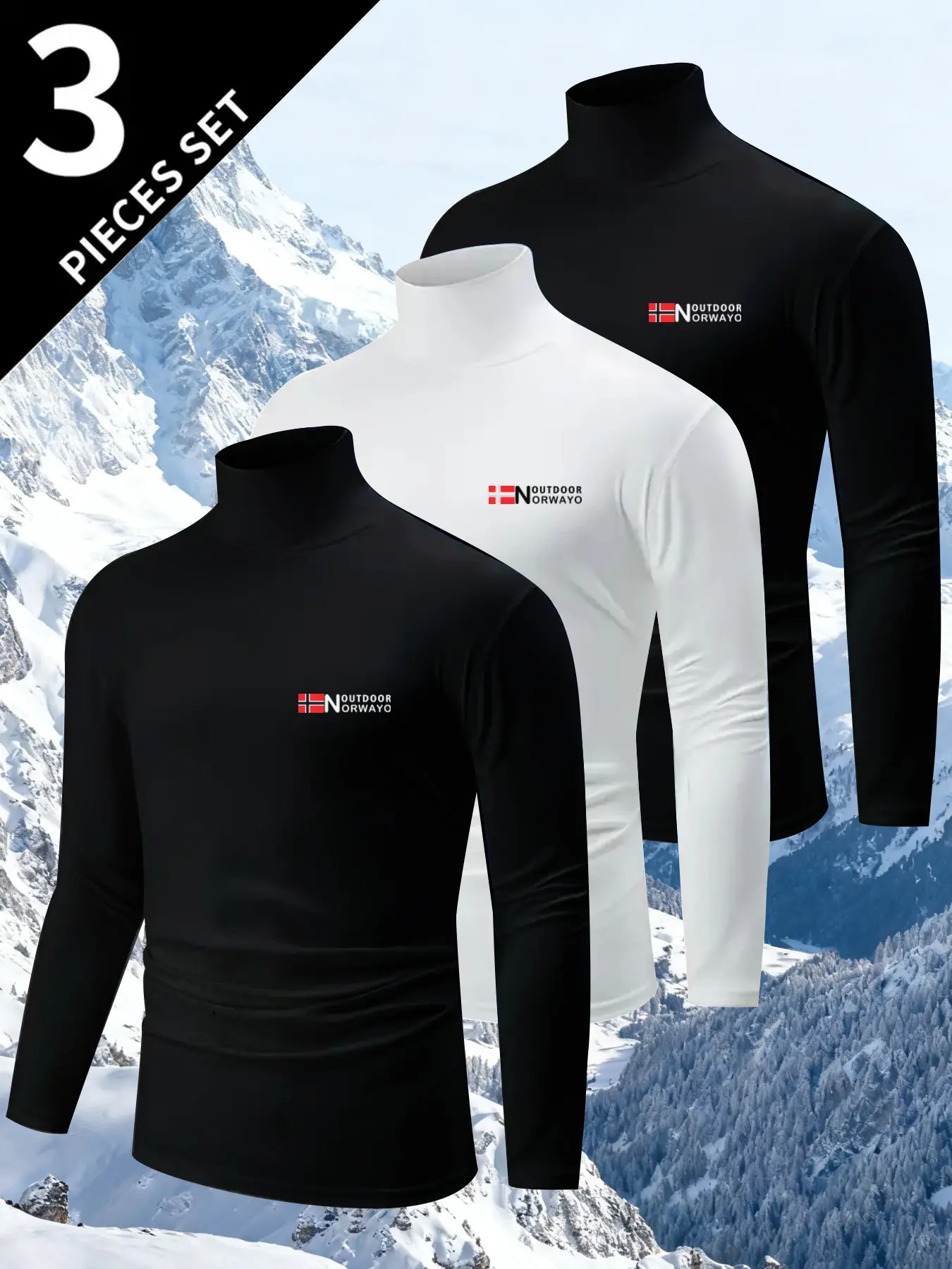 Men's 3 Pack Long Sleeve T-Shirts, High Neck Design, Norwegian National Print, Soft Fabric, Casual Travel & Daily Wear