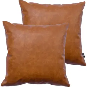 Faux Leather Throw Pillow Covers, 18 x 18 inch Set of 2 Thick Cognac Brown Modern Solid Decorative Square Bedroom Living Room Cushion Cases for Couch Bed Sofa