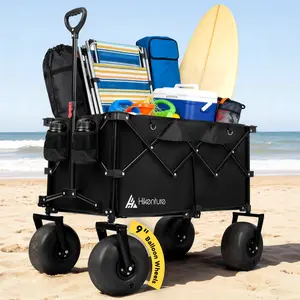 Hikenture Beach Wagon with Balloon Wheels, 9" PU Tires Collapsible Wagon, 440lbs Heavy Duty Beach Cart with Big Wheels for Sand, Large Capacity Utility Wagons Carts Foldable