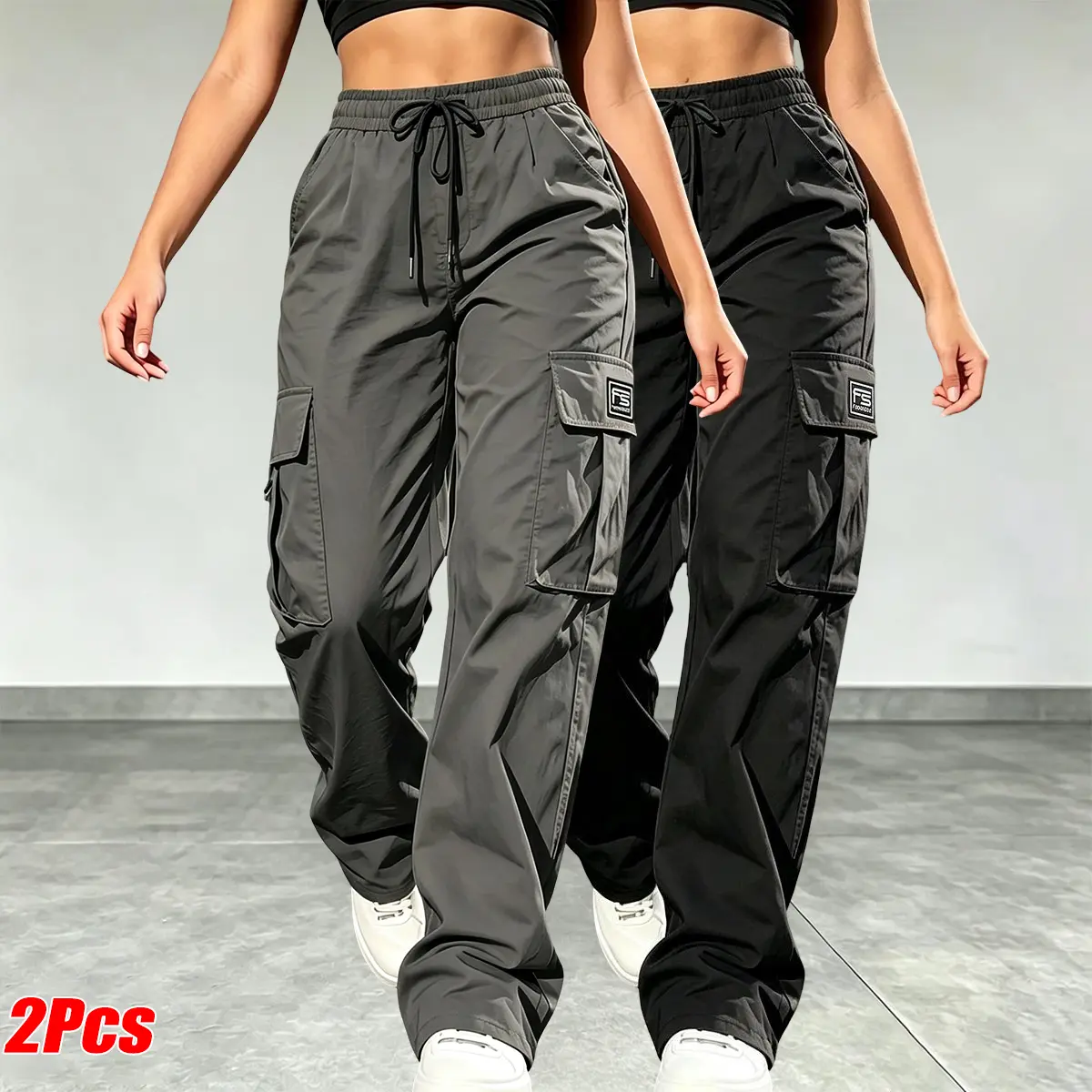 2PCS women’s cargo pants: casual, elastic waist, Bohemian minimalist basic women’s pants with pockets; suitable for summer outfits, vacations, and beachwear; sporty casual style; comfortable loose fit; casual drawstring high-waist pants; loose and comfort