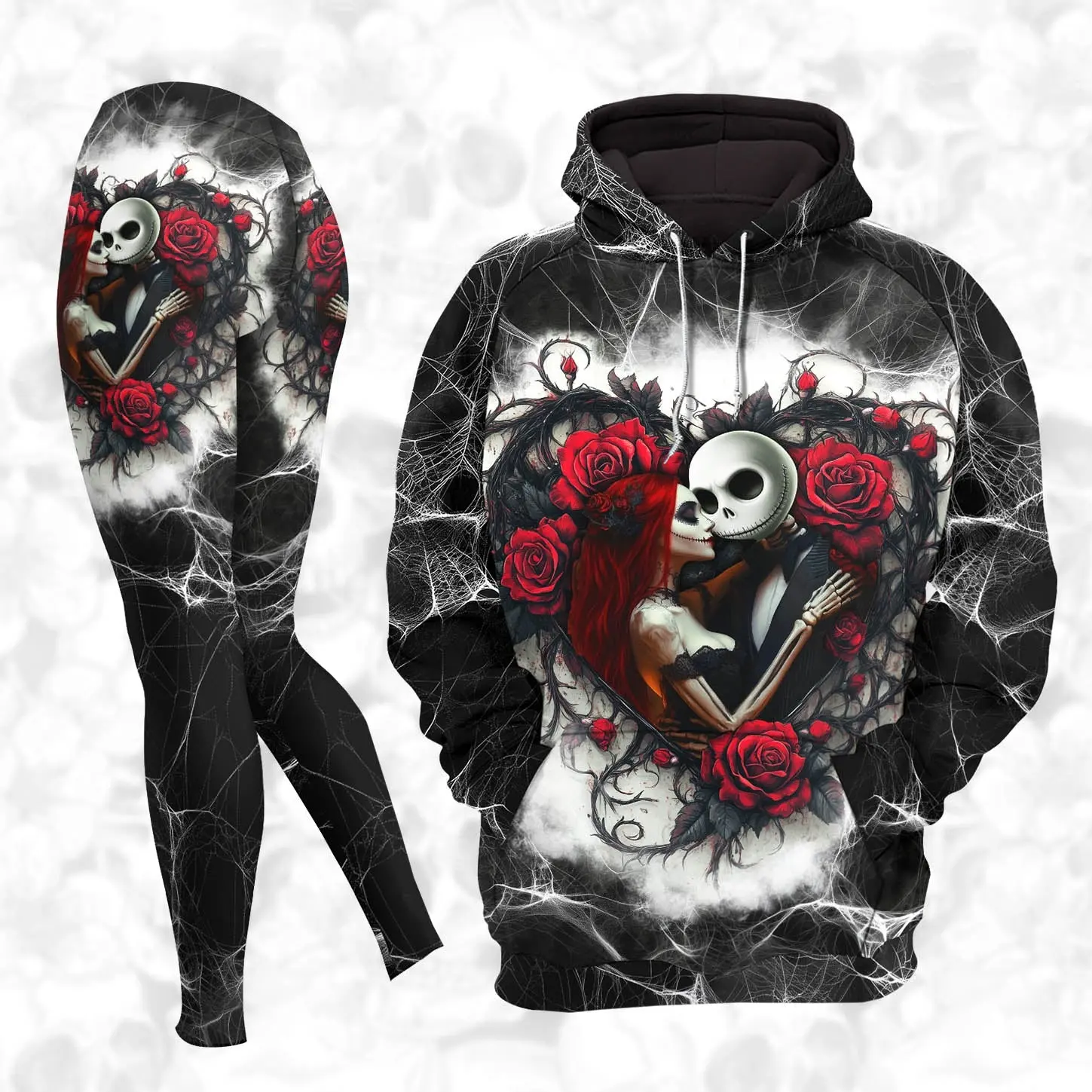 Gothic Skeleton Couple Red Rose Spiderweb Hoodie And Leggings, Gothic Halloween Outfit, Aesthetic Autumn Graphic Outfit, Spooky Season Streetwear Outfit