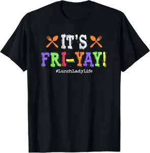 Cotton Short-Sleeve School Cafeteria Lunch Lady Graphic Print Tops, Flat Garment for Fri-Yay Friday Life & Summer Casual Wear