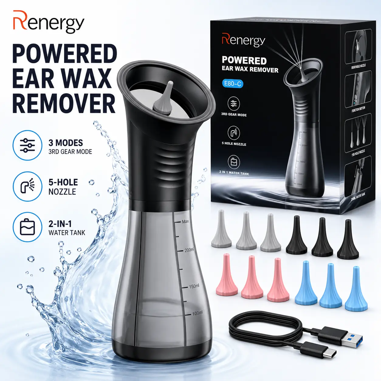 Premium Quality, Insanely Cheap! Renergy Electric Ear Wax Removal Kit with LED Display, Powered Ear Wax Remover, Dual Clean & Waste Tank, Water Ear Cleaner & Ear Cleaning Kit, Ear Irrigation Flushing System, 3 Modes, 12 Nozzles, IP67 tiktokshopbacktoschoo