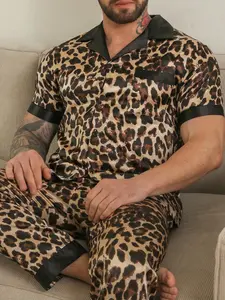 Men's Two-Piece Pajama Set, Short Sleeve Long Pants Collared Leopard Print, Comfortable Daily Loungewear, Casual Printed Pyjamas Pjs