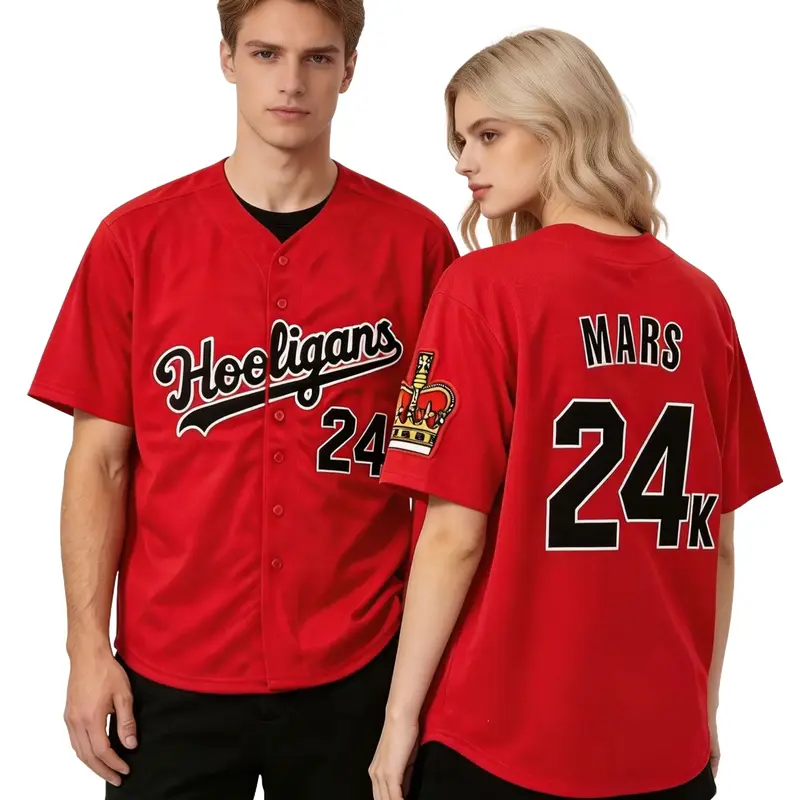 Unisex 24-Carat Red and White Mars-Embroidered Baseball Jersey Couple Set, Polyester Fibers Breathable Sporty Chic Top, for Concerts, Professional Sports & Fashionable Casual Outdoor Clothing