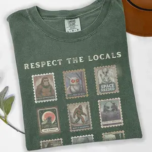 Respect the Locals Cryptid Tee Comfort Colors Vintage Stamp Mothman Shirt, Sasquatch Bigfoot Gift Alien Tee, Folk Horror Shirt Mothman Gift For Women, Cotton Fabric