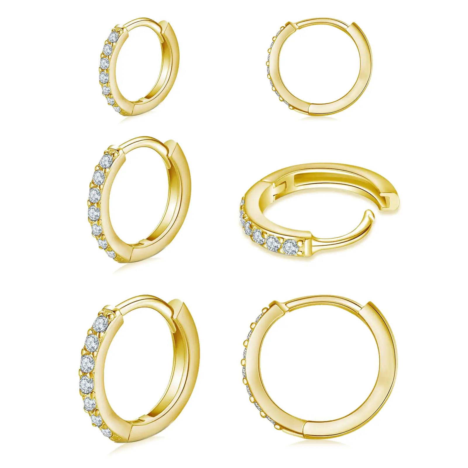 14K Gold Plated Stacks Earrings Sets - 3 Pairs Small Hoop S925 Sterling Silver Cubic Zirconia Earring Cartilage Earrings Ear Cuff Tiny Hoop Earrings for Women Men